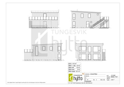 Fasadetegning som viser bygningens utsyn fra fire ulike vinkler (front, side, bak og en vinkel), inkludert vinduer, dører og trapp.