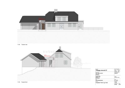 Fasadetegning som viser bygningens utseende fra nord og vest, inkludert detaljer som vinduer, dører og takform.