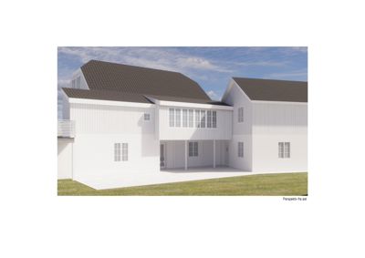 3D-visualisering (rendering) av en planlagt bygning sett fra øst.