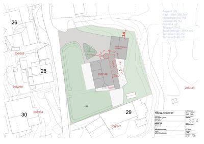 Situasjonsplan som viser tomtens beliggenhet i forhold til naboer, terrengforhold (konturer), og plassering av eksisterende og nybygg.