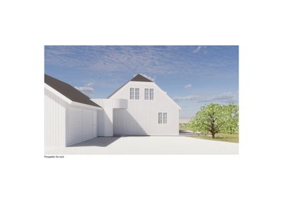 3D-visualisering (rendering) av en hvit bygning sett fra nord, med bildebeskrivelsen 'Perspektiv fra nord' nederst.