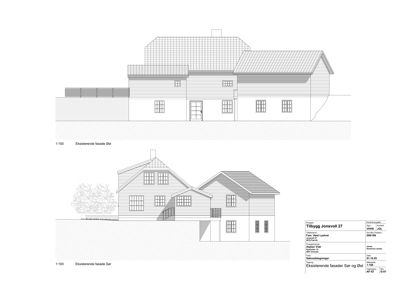 Tegning som viser eksisterende fasader (Sør og Øst) for en bygning.
