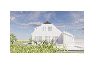 3D-visualisering (rendering) av en hvit bygning sett fra syd, med omgivende natur og himmel.