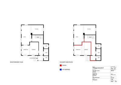 Tegning som viser eksisterende plan og en modifikasjon (riving av vegger) for etasjeplan i bygget.