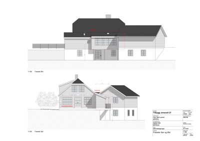 Bildet viser fasadetegninger for en bygning, med oppriss av Sør- og Østfasaden inkludert detaljer om vinduer, dører og takform.