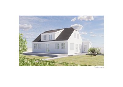 3D-visualisering (rendering) av en planlagt bygning sett fra sydvest.