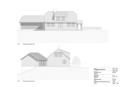 Tegning som viser eksisterende fasader (Nord og Vest) av en bygning med skisse over takform, vinduer og garasjeport.