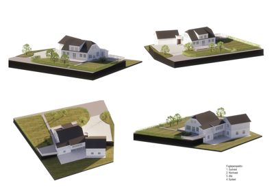 Fire 3D-visualiseringer (fugleperspektiv) av en planlagt bolig med omgivelser, vist fra ulike vinkler.