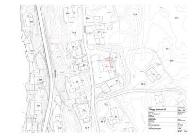 Situasjonsplan som viser tomtens beliggenhet i forhold til nabolag, høydekurver og veier.