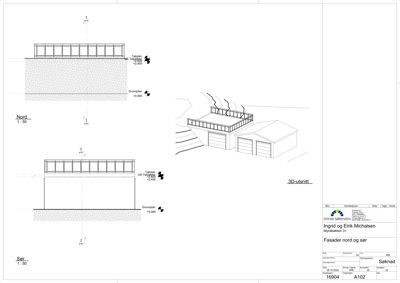 Bildet viser et snitt gjennom en bygning med både 2D-tegning og 3D-visualisering, inkludert høydeangivelser og orientering.