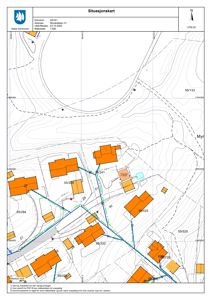 Situasjonskart som viser eiendommen 55/341 (Myrabakken 31) i forhold til nabolaget, med tomtegrenser, høydeforhold og planlagt ny garasje.
