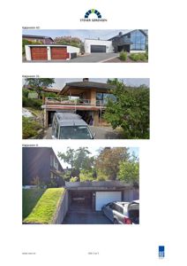 Fotografier av tre ulike boliger med garasjer og tilhørende utemiljø.