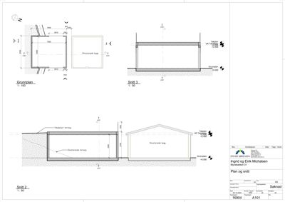 Bildet viser en tegning med etasjeplan (Grunnplan) og snittegninger (Snitt 2 og Snitt 3) for en byggesak.
