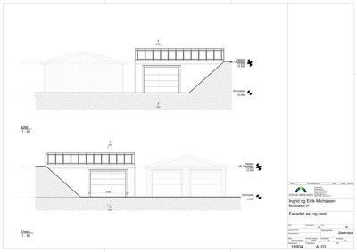 Fasadetegning som viser bygningens utseende fra øst og vest, inkludert takhøyder, garasjeporter og terrassering.
