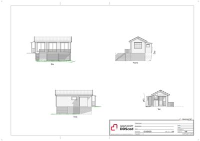 Fasadetegning som viser bygningens utsyn fra fire sider: Øst, Nord, Vest og Sør.
