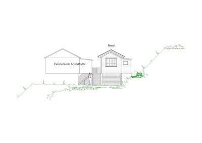 Fasadetegning som viser en eksisterende hovedhytte og en nybygget hytte sett fra nord, inkludert trapp og omgivelser.