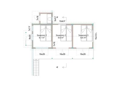 Etasjeplan som viser romfordeling med tre soverom, bad og trapp, samt dimensjoner og areal.