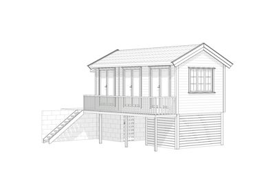 En linjetegning (rendering) som viser fasaden på en planlagt bygning sett fra en vinkel.