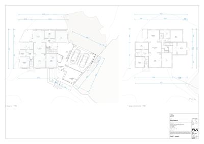 Bildet viser to etasjeplaner (1. etasje ny og 1. etasje eksisterende) med romfordeling, mål og utvendige dimensjoner.