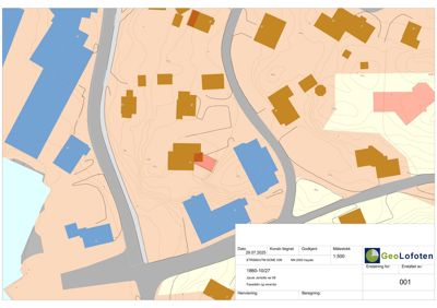 Situasjonsplan som viser tomtens beliggenhet i forhold til nabolag, vei og høydeforhold (konturlinjer).