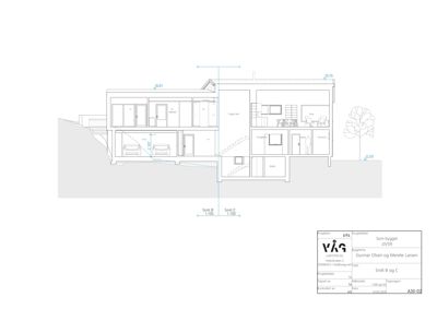 Snittegning (Snitt B og C) som viser bygningens tverrsnitt, høyder, romfordeling og konstruksjon.