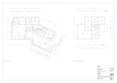 Bildet viser etasjeplaner (2. etasje) for en bygning, inkludert romfordeling, dører, vinduer og dimensjoner.