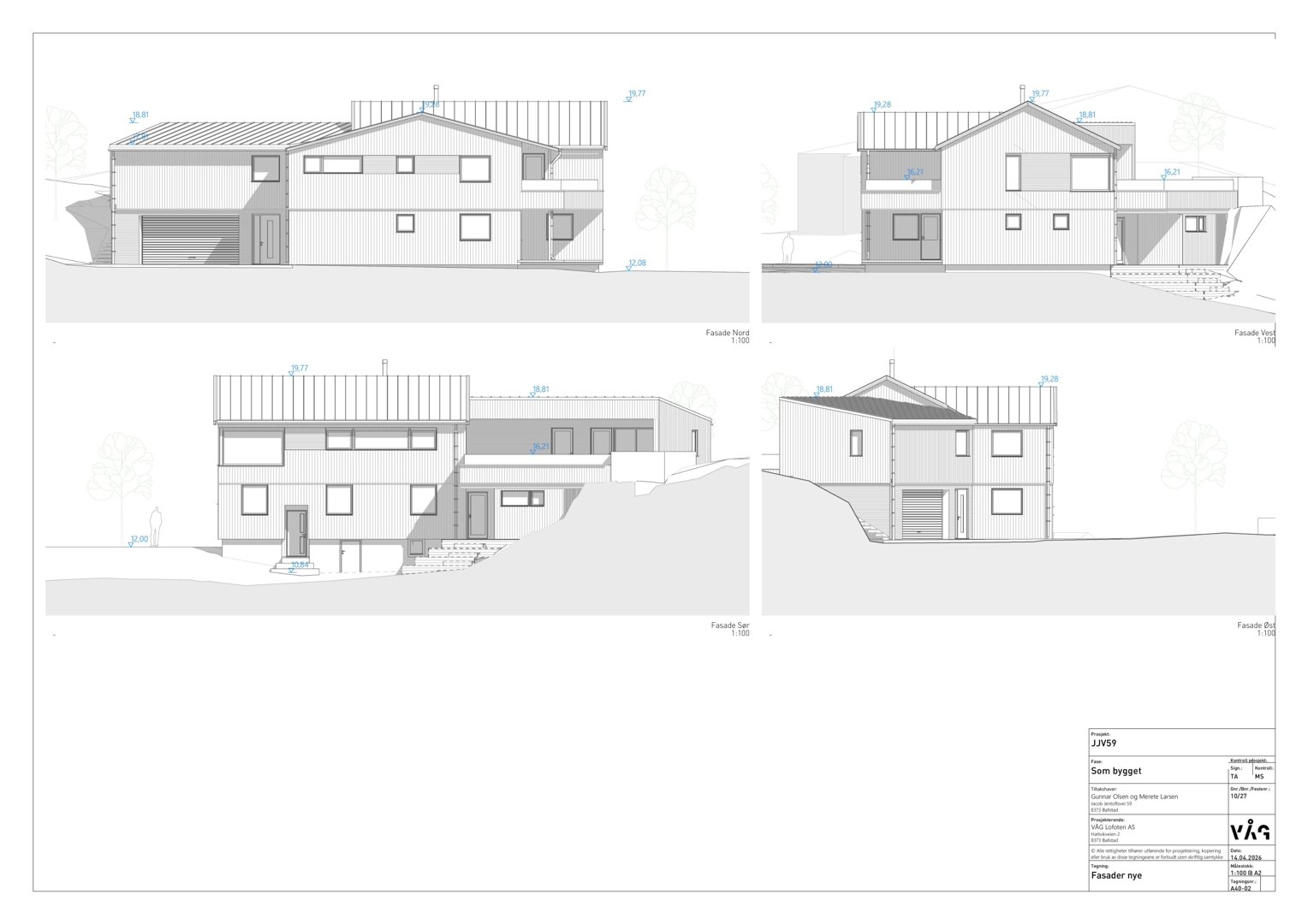 Fasadetegning som viser bygningens utseende fra fire ulike vinkler (vest, øst, sør og nord).