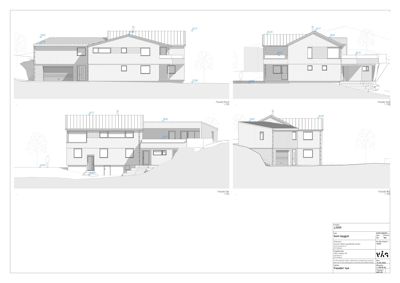 Fasadetegning som viser bygningens utseende fra fire ulike vinkler (vest, øst, sør og nord).