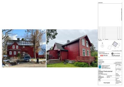 Fotografier av en rød trehusfasade, inkludert et bilde med bil og snø, samt et bilde med trapp og veranda.