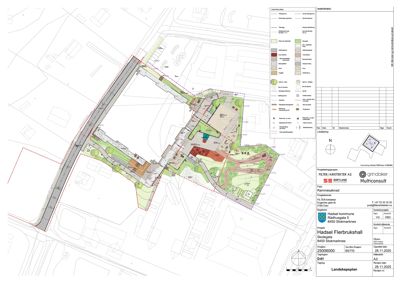 Landskapsplan som viser tomtens situasjon, beplantning og byggefelt.