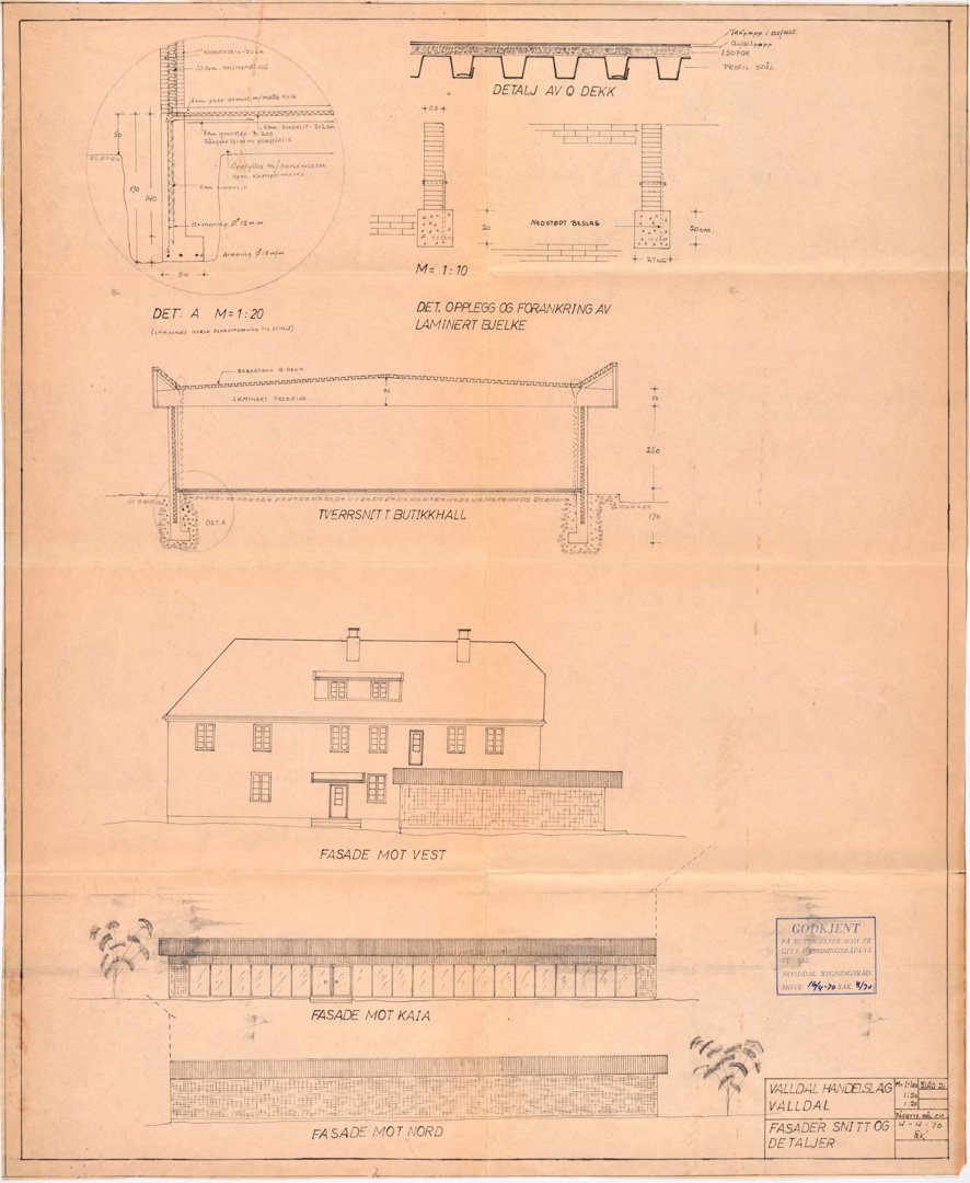 Fasadetegning med oppriss av bygning sett utenfra, inkludert detaljer og snitt.