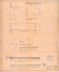 Fasadetegning med oppriss av bygning sett utenfra, inkludert detaljer og snitt.