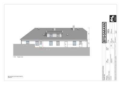 Fasadetegning av bygningens vestside med mål og detaljer