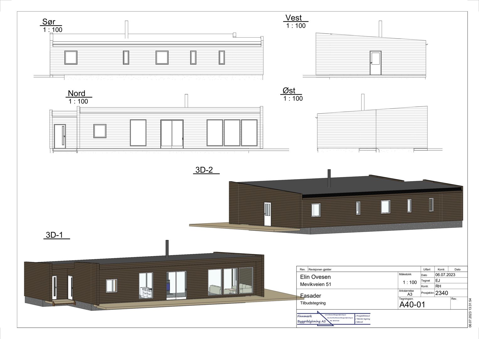 Bildet viser en tegning med både 2D-fasadeutganger og 3D-visualiseringer av en bygning.