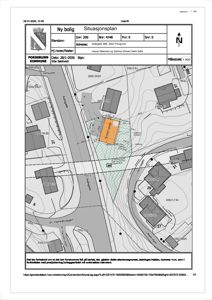 Situasjonsplan for ny bolig på Aafjellvegen 28B, 3922 Porsgrunn. Planen viser tomtens beliggenhet i forhold til nabolaget, gater, høydemålinger (konturlinjer) og eiendomsnummer.
