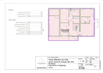 Etasjeplan (BYA) for en bolig med romfordeling, trapp og tekniske utregninger for tomte- og byggeareal.