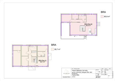 Plantegning som viser romfordeling og areal for BRA Plan 01 og BRA Plan 02.
