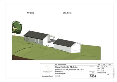 3D-visualisering (rendering) av en ny bolig og eksisterende bolig sett fra utsiden.