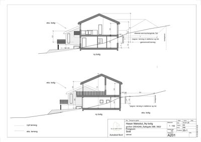 Snittegning som viser tverrsnitt gjennom en ny bolig og eksisterende boliger på en skråning.