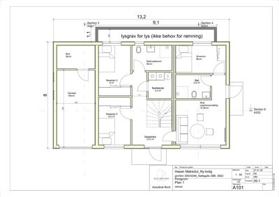Etasjeplan (Plan 1) som viser romfordeling, mål og funksjoner i en bolig.