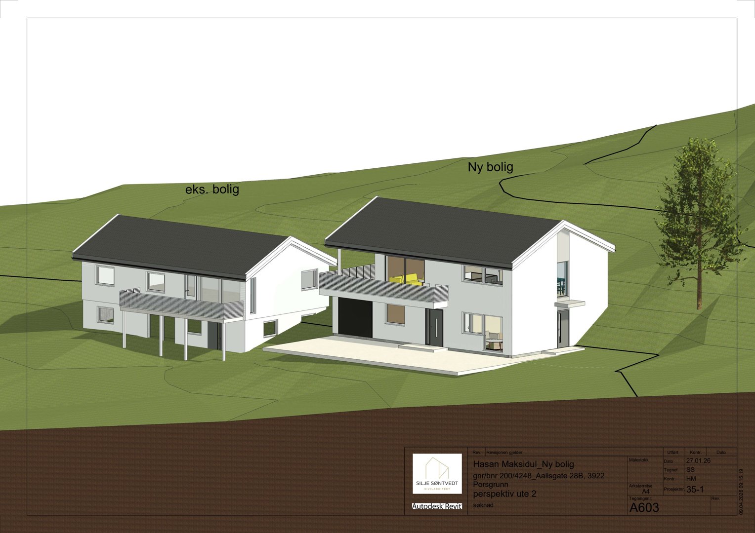 3D-visualisering (rendering) av en ny bolig sett fra utsiden, med eksisterende bolig i bakgrunnen.