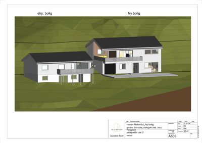 3D-visualisering (rendering) som viser en sammenligning av eksisterende bolig og ny boligplan.