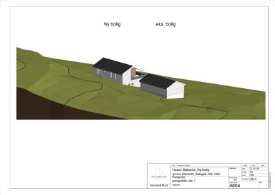 3D-perspektivtegning (rendering) som viser ny bolig og eksisterende bolig i situasjon.