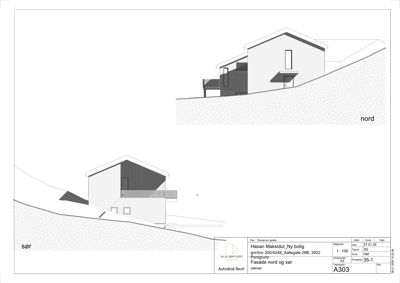 Fasadetegning som viser bygningens utseende sett fra nord og sør.