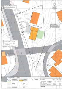 Situasjonsplan som viser tomtens beliggenhet i forhold til nabolaget, samt planlagt vann- og avløpsledninger.