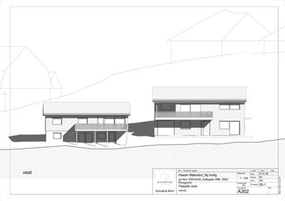 Fasadetegning (opprikk) av en bolig sett fra vest.