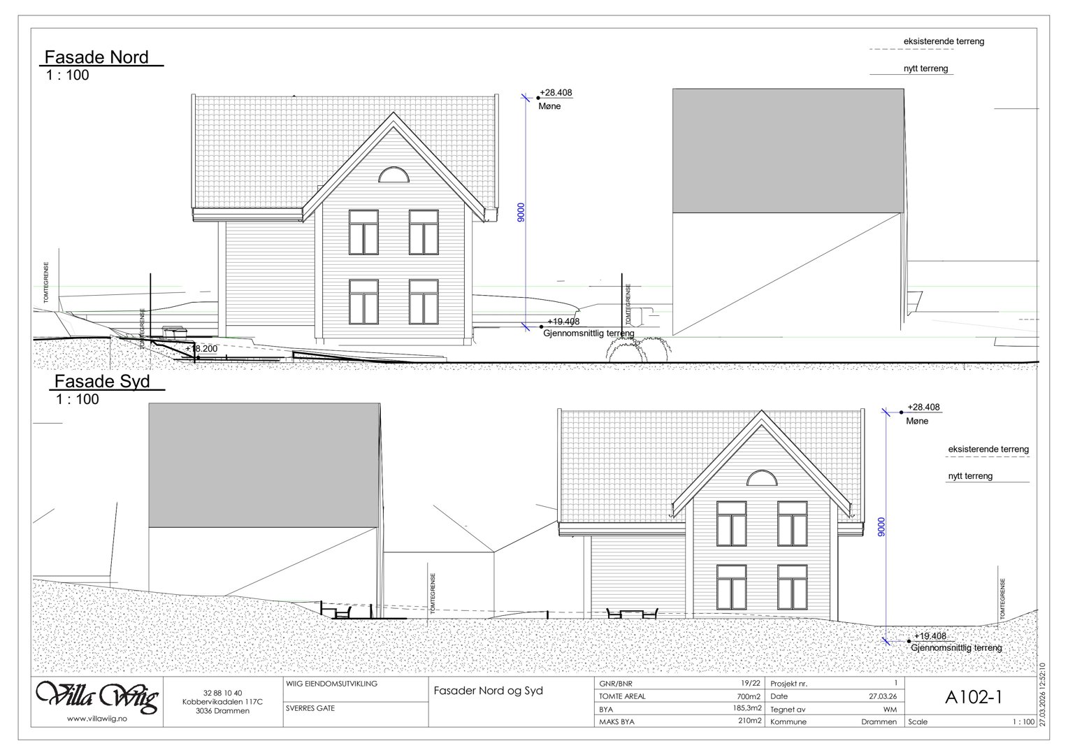 Tegning som viser fasader (Nord og Syd) av en bygning med høydeangivelser og terrengforhold.