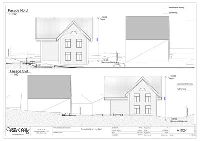 Tegning som viser fasader (Nord og Syd) av en bygning med høydeangivelser og terrengforhold.