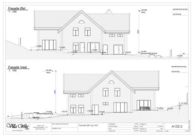Fasadetegning som viser bygningens utseende sett fra øst og vest med høydeangivelser.