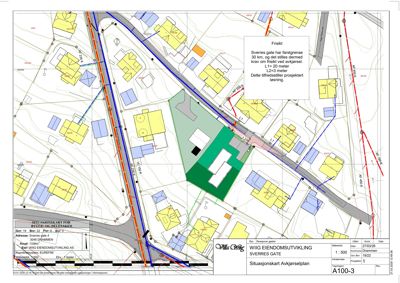 Situasjonskart som viser tomtens plassering i forhold til nabolag, veier og infrastruktur.